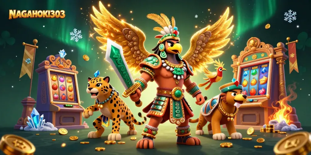 NAGAHOKI303 showcases an Aztec warrior and jaguar in a vibrant casino setting with slots and gold.