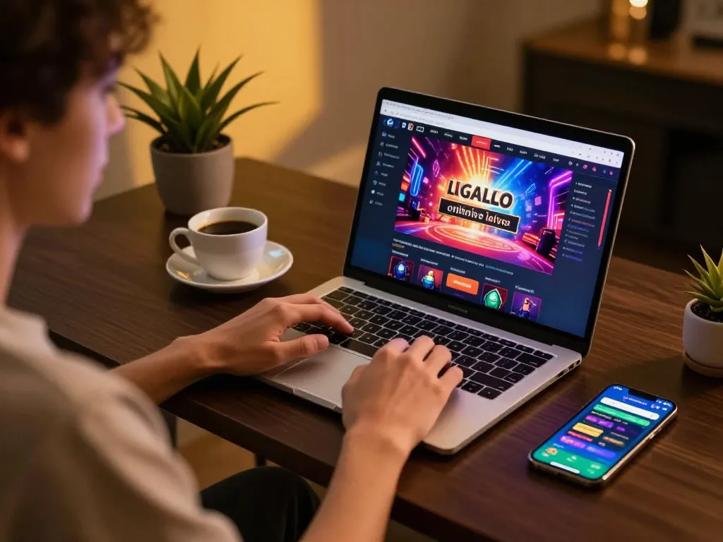 LIGALGO gamer engaging with vibrant online casino interface on a modern setup.