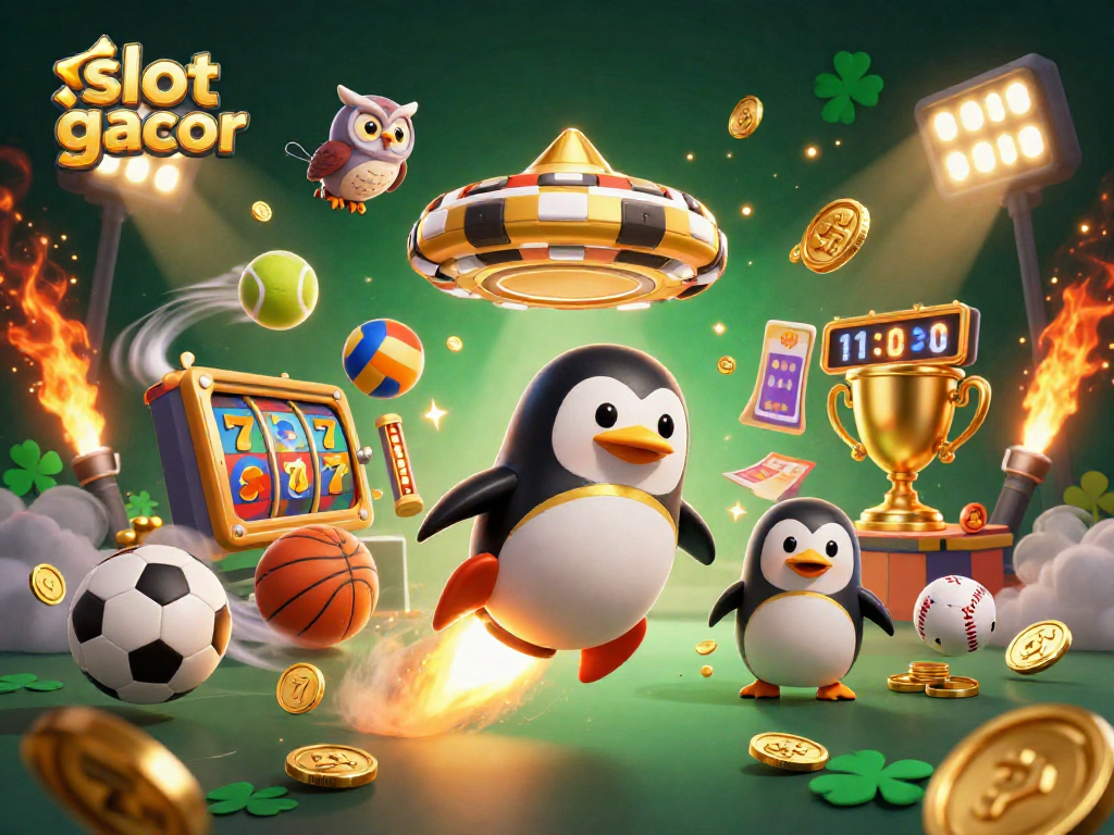 Experience slot gacor excitement with a golden penguin racing towards a casino space station amid vibrant gaming elements.