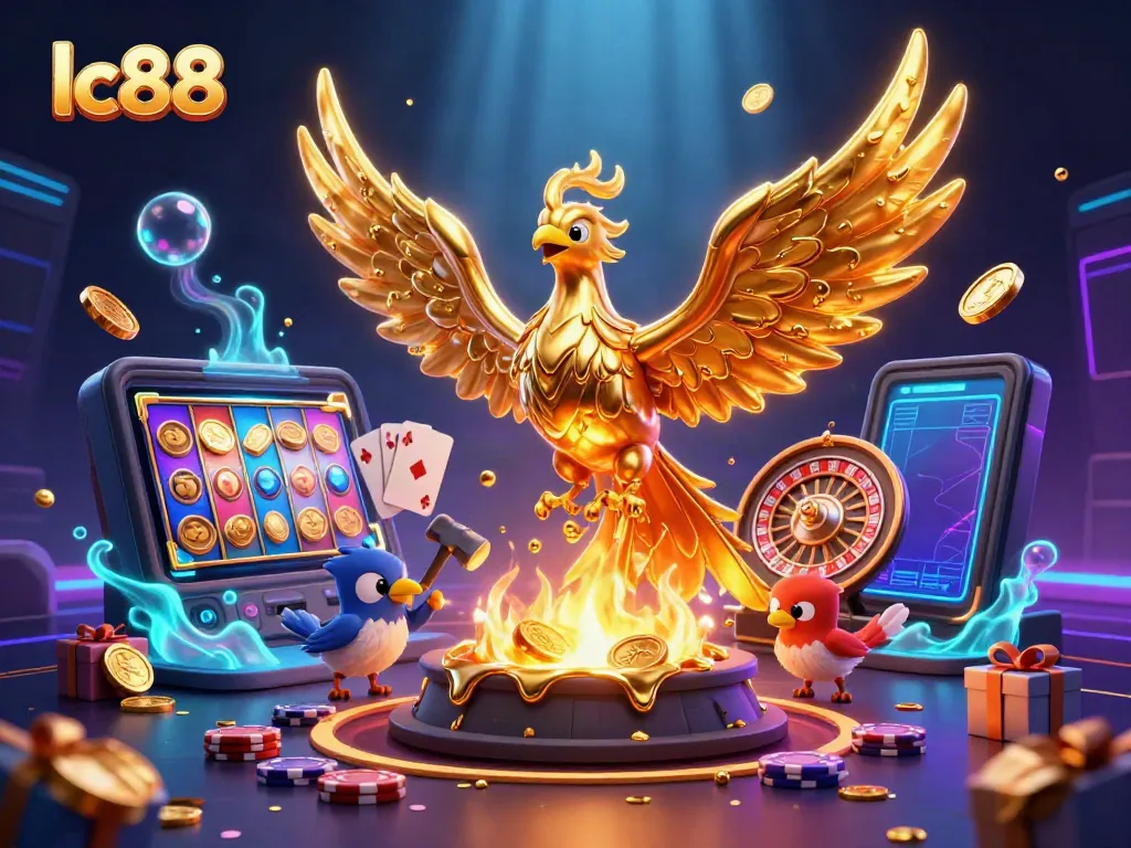 Experience thrilling gaming with lc88's animated golden phoenix and slot machines bursting coins.
