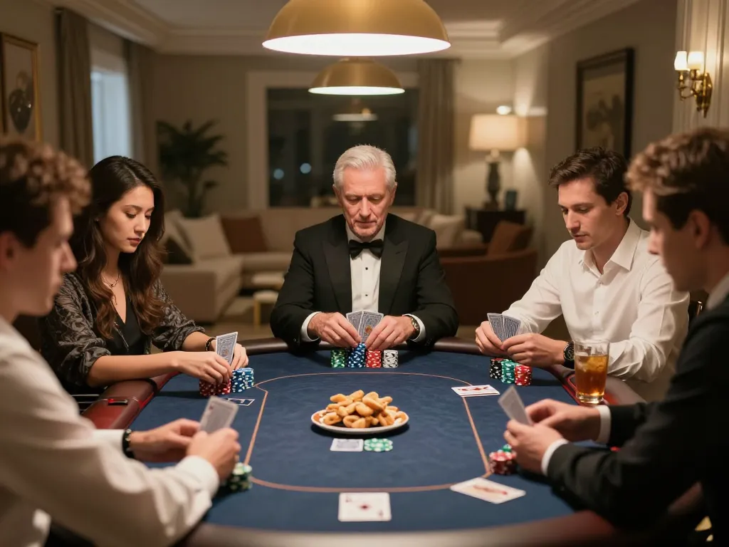 Poker players engage in a game at home while using https://56win.autos/ for online strategies, enhancing their gaming experience.