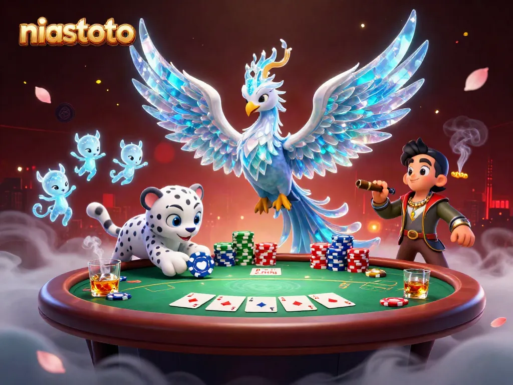 Niastoto menunjukkan keberuntungan dengan chip poker dingin dan makhluk ajaib di sekitar meja.