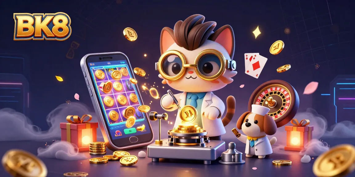 Experience BK8's vibrant online gaming world with a mad scientist cat and lab assistant dog creating gold coins.