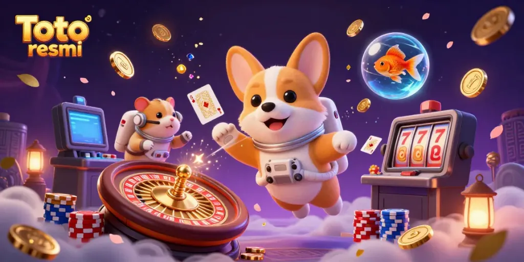 Experience thrilling zero-gravity gaming with Toto resmi, featuring playful characters in a casino space station.