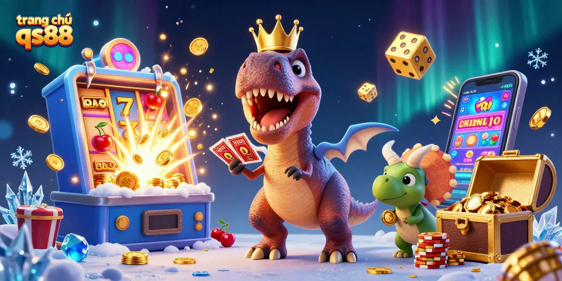 Engage with the fun at trang chủ qs88 featuring a T-Rex and friends in a lively casino scene.