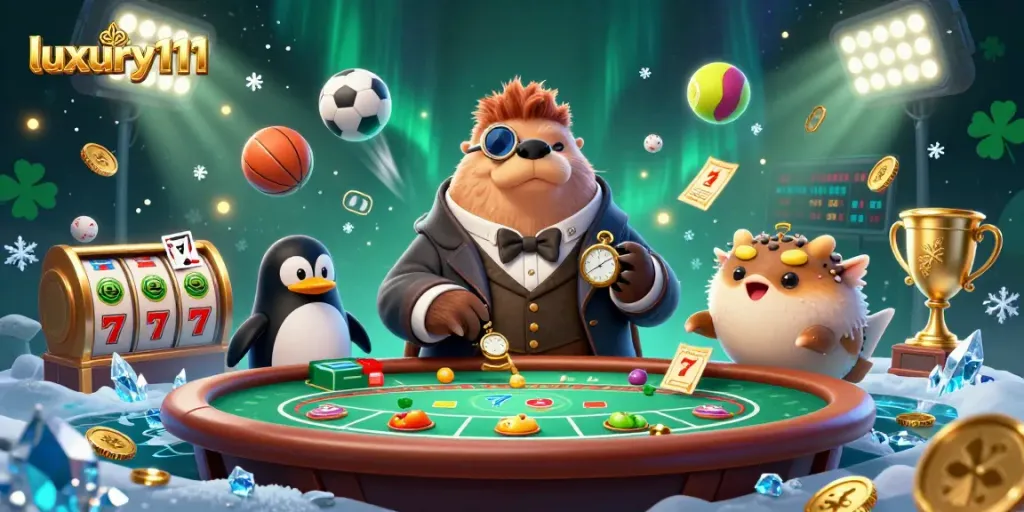 Experience immersive gameplay at luxury111 with a vibrant poker scene featuring engaging characters and exciting slot elements.