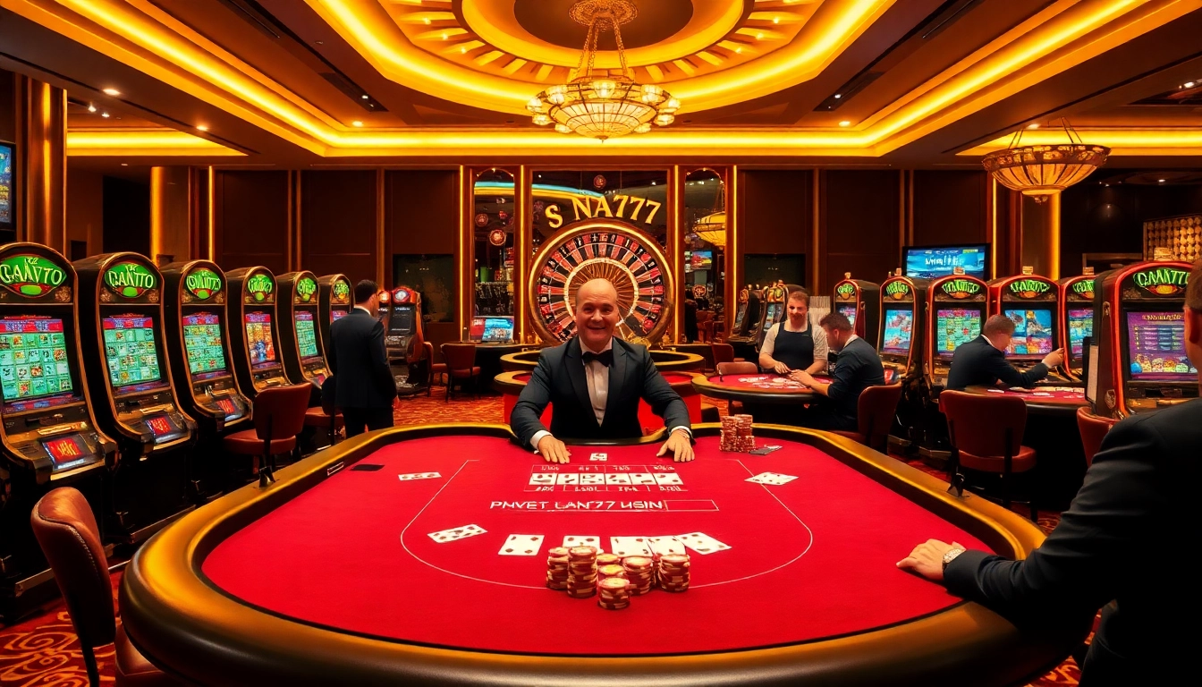 Engaging casino scene with professional dealer at NA777, vibrant poker chips, and immersive slot machines.