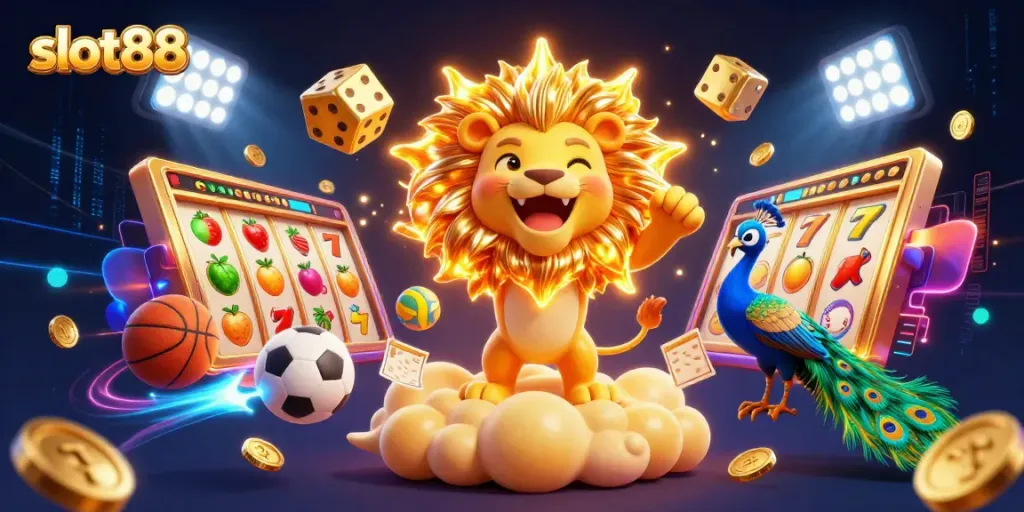Experience thrilling wins with slot88, featuring a roaring lion and dynamic casino elements in stunning detail.