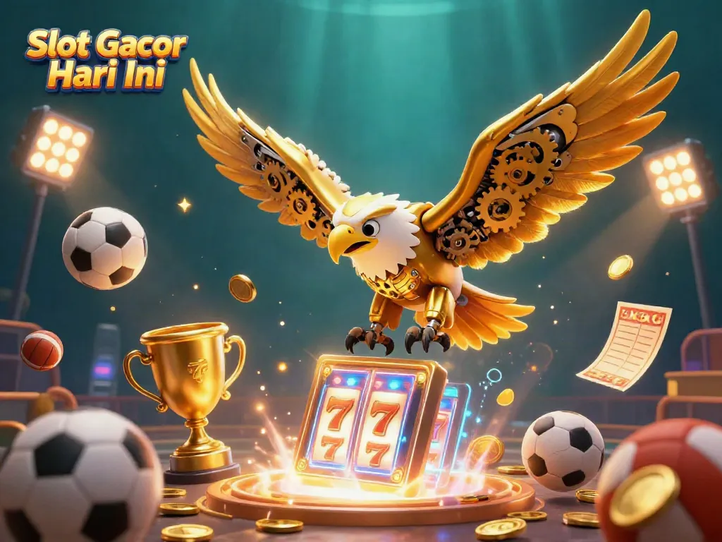 Slot Gacor Hari Ini menampilkan elang emas cybernetic dalam aksi dinamis di dunia judi