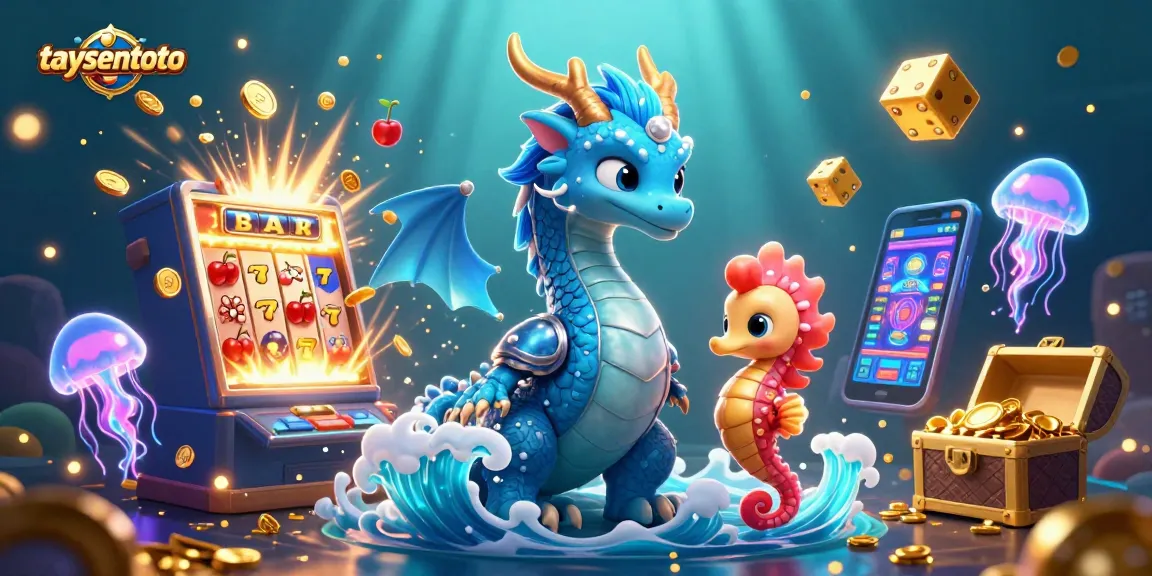 Taysentoto menjadikan pengalaman slot gacor semakin menarik dengan karakter naga dan kuda laut bersenjatakan, dikelilingi oleh mesin slot yang meledak dengan koin.