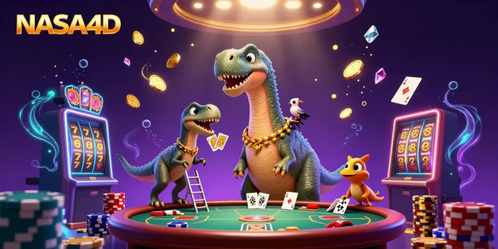 Permainan slot di NASA4D dengan dinosaurus fantastis dan tumpukan chip poker yang mengesankan.