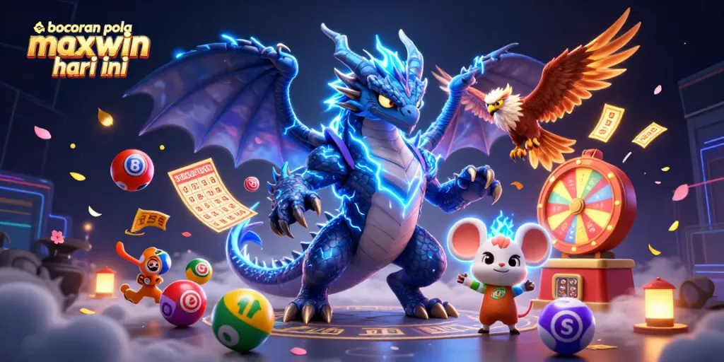 Bocoran pola maxwin hari ini illustrated with energetic casino-themed characters and vibrant lottery elements.
