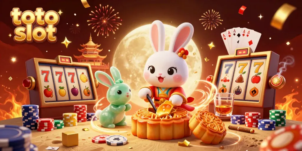 Toto slot yang menggambarkan kelinci bulan memukul kue bulan dengan chip poker di sekitar logo.