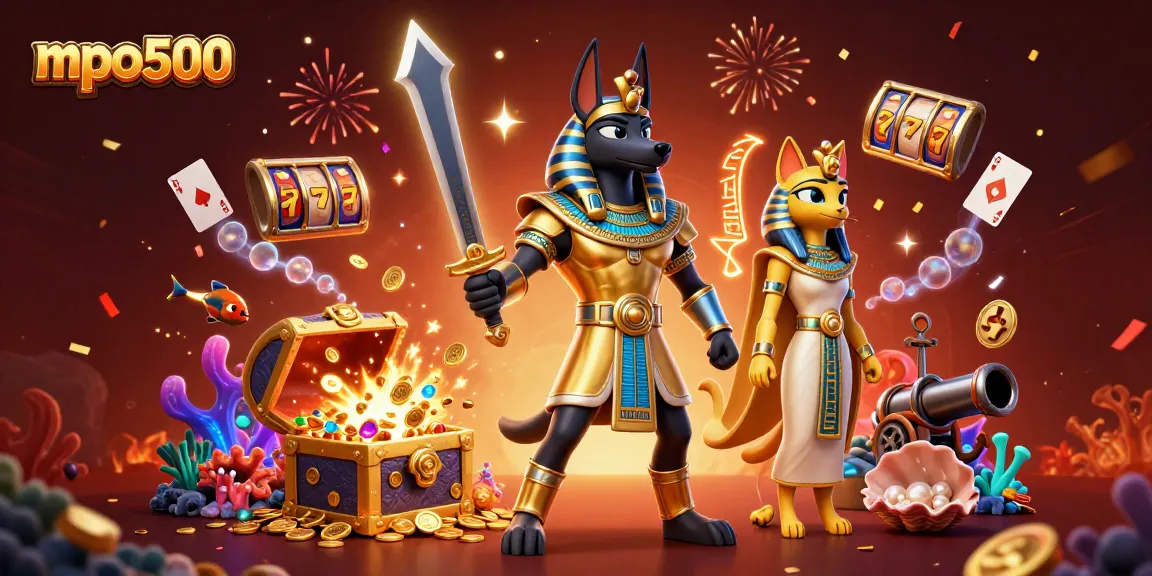 Menghadirkan mpo500, pejuang Mesir kuno Anubis berjuang dalam dunia kasino modern dengan lonceng, koin, dan slot berisi harta