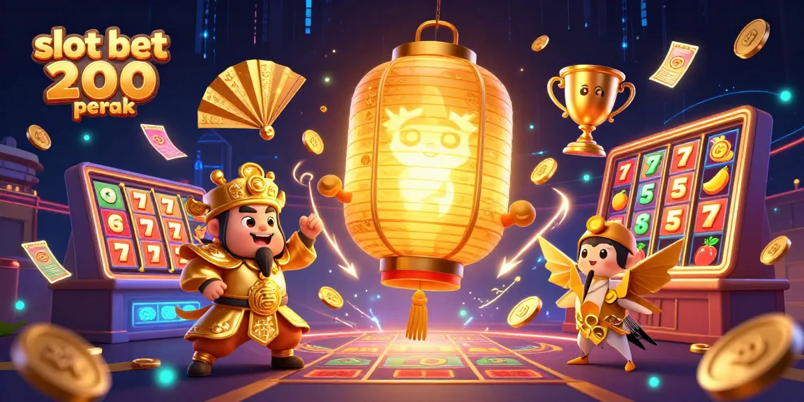 Slot bet 200 perak memikat dengan simbol mesin slot bertaburan di sekitar karakter fantastis.