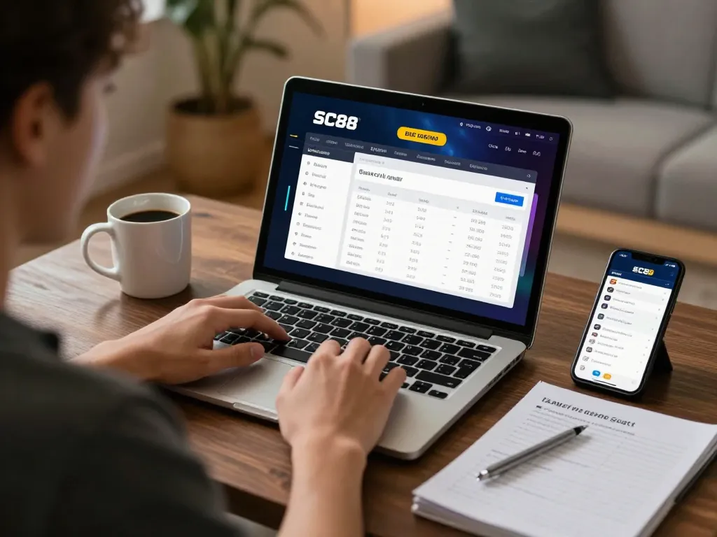 Engaging user exploring SC88 with betting interface on laptop, showcasing responsible gambling.