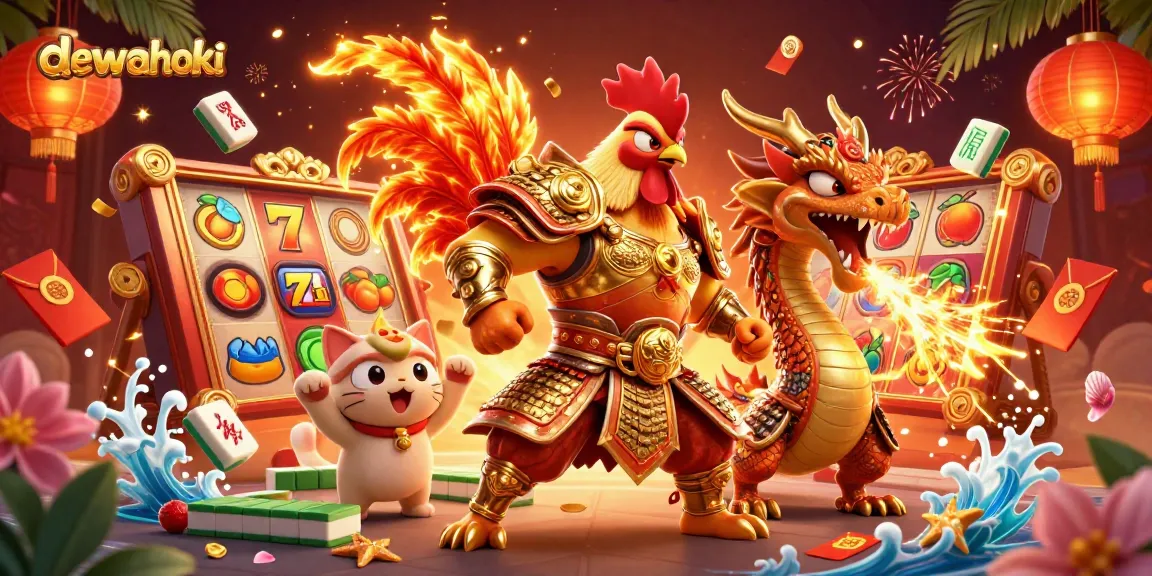 Experience thrilling gameplay with dewahoki's dynamic 3D illustration featuring exciting slot elements and mythical companions.