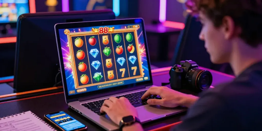 Player immersed in slot88 game on laptop, surrounded by colorful slot symbols and vibrant graphics.