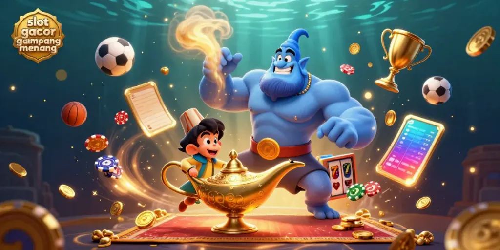 Gambarkan slot gacor gampang menang dengan genie besar, permainan slot, dan simbol keberuntungan.