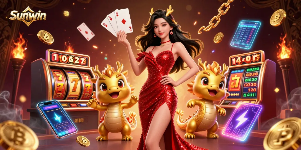 Sunwin showcases an engaging and dynamic casino scene featuring vibrant characters and slot elements.