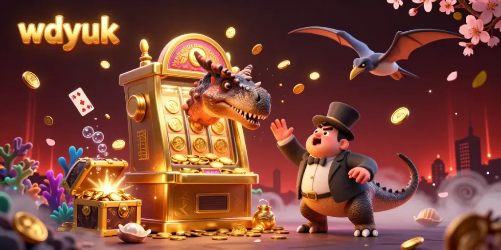 Experience wdyuk's thrilling jackpot scene, featuring a dinosaur and slot machine exploding coins in epic casino fun.
