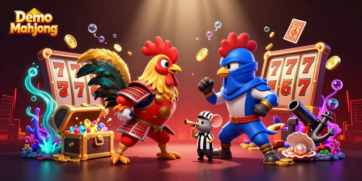 Experience a thrilling standoff in Demo Mahjong as samurai and ninja roosters clash amidst vibrant casino elements.