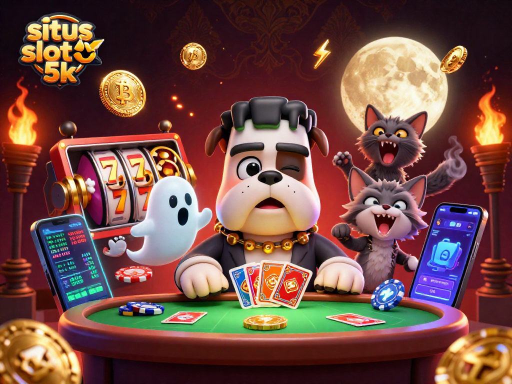 Experience exciting slots at situs slot 5k with a lively illustration of a spooky casino scene.