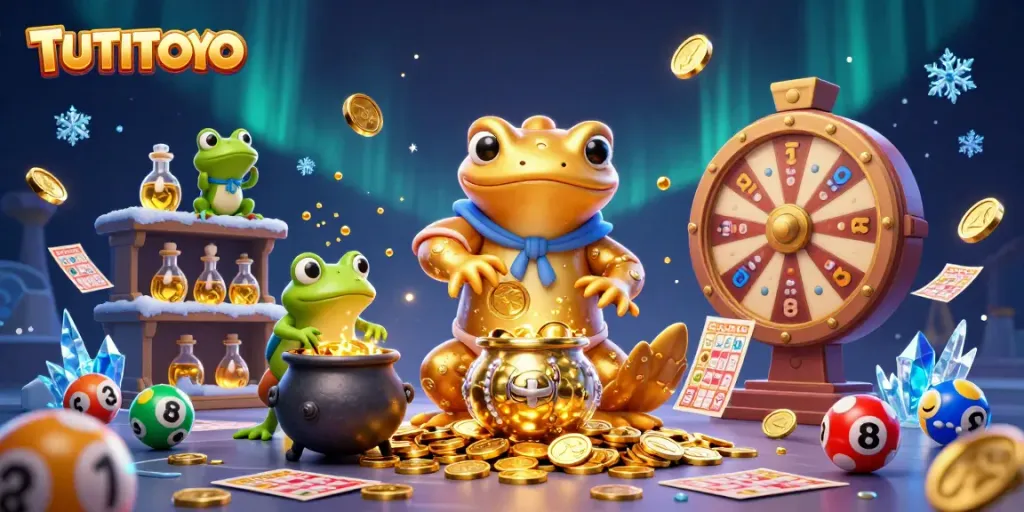 Win big with TUTITOTO in an engaging 3D lottery scene filled with vibrant characters and golden coins.