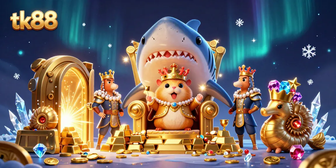 tk88 offers a vibrant cartoon depiction of an underwater kingdom thriving in gold and jewels.