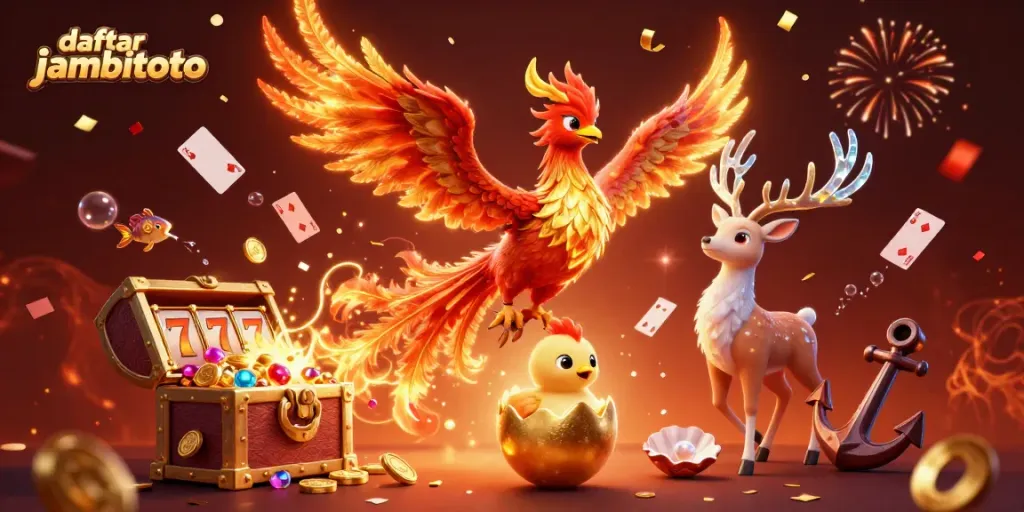 Engage with daftar jambitoto for thrilling gaming experiences featuring vibrant phoenix, treasures, and casino elements.