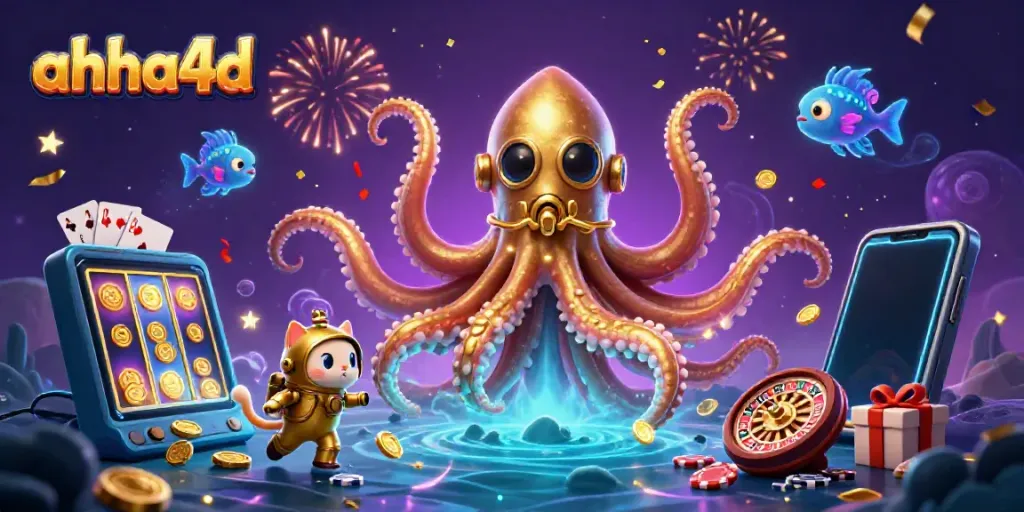 Permainan ahha4d dengan kraken raksasa dan ikan bioluminescent di bawah laut.