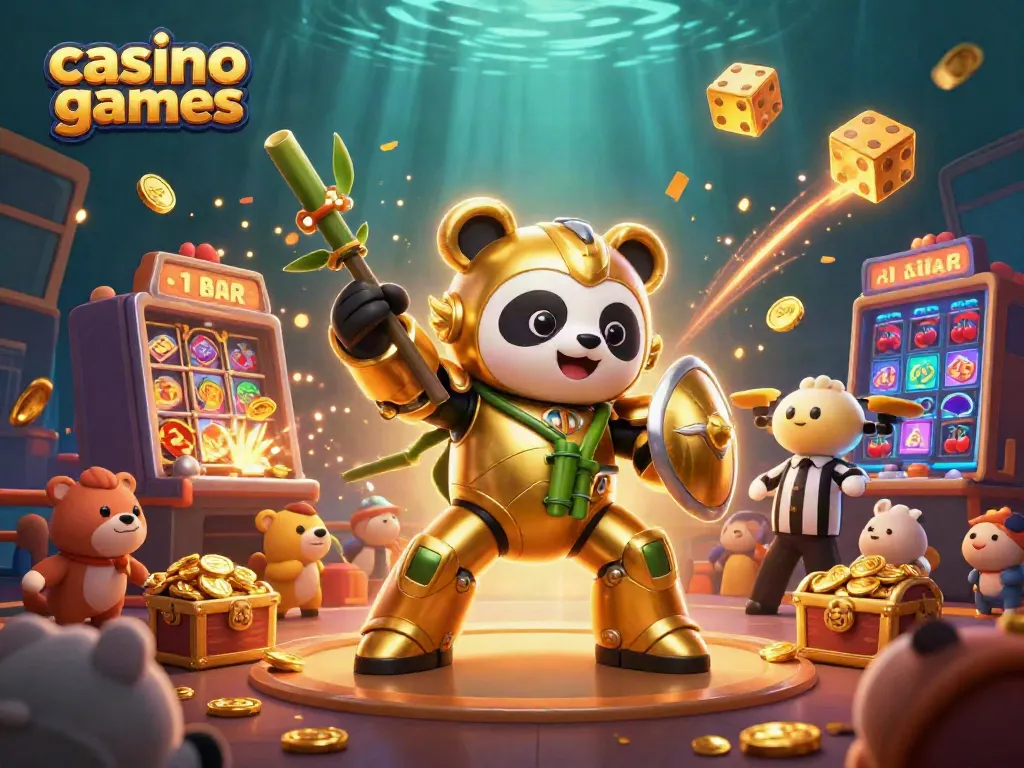 Experience thrilling casino games with an energetic battle scene featuring a golden panda and vibrant game elements.