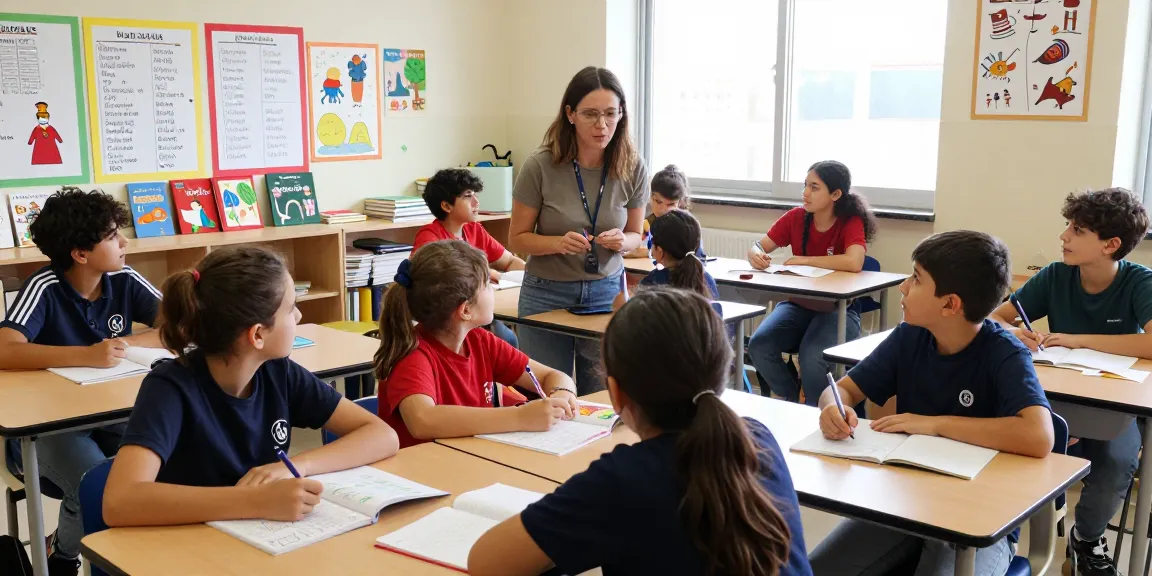 Students learning Italian in a vibrant classroom with activities related to toto togel and cultural themes