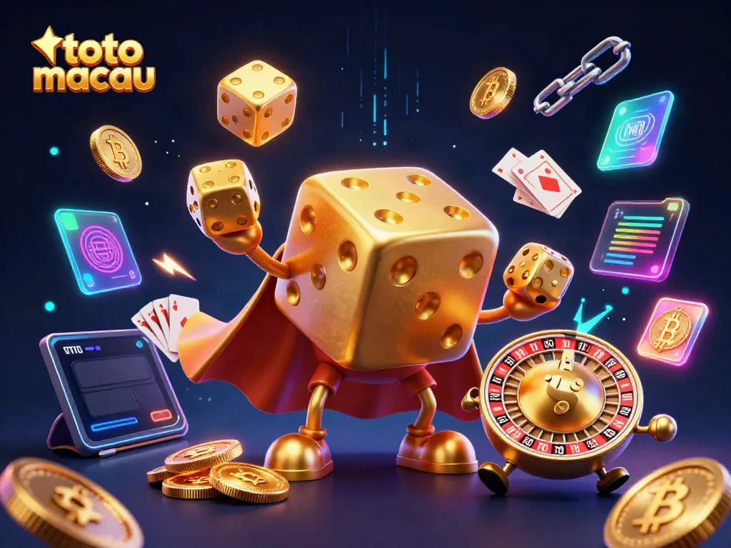 Memenangkan angka dengan permainan toto macau yang menampilkan dadu emas 3D dan koin crypto menyala.
