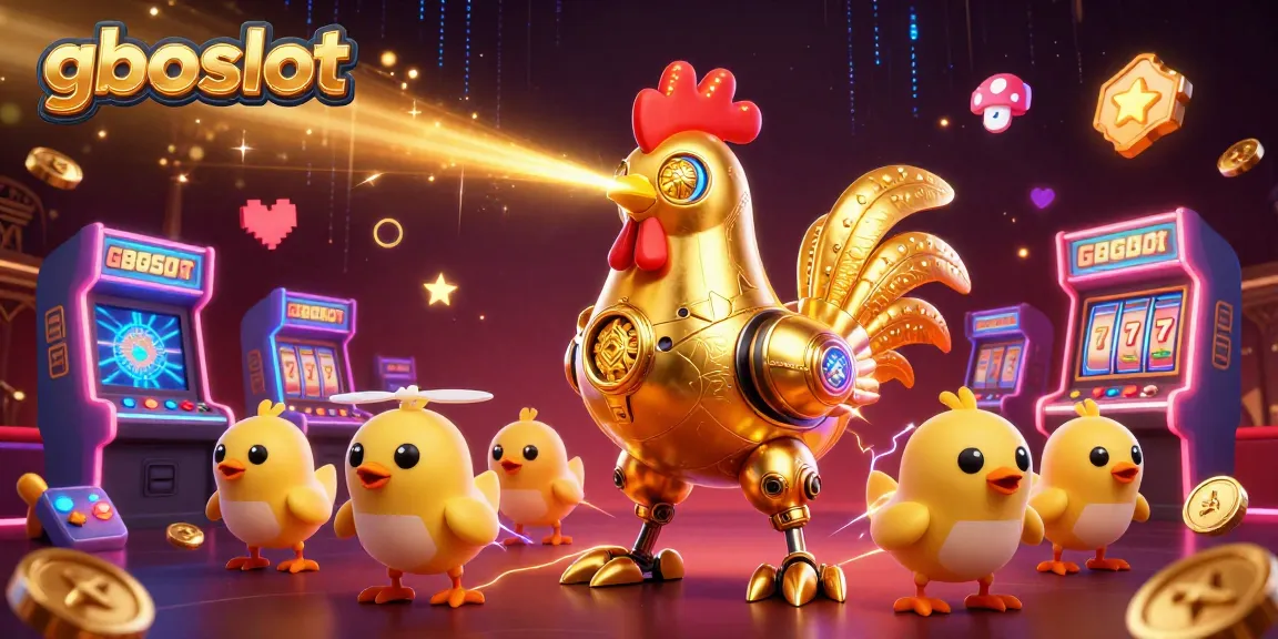 gboslot merayakan kemenangan dengan robot ayam emas dan mesin slot cerah dalam ilustrasi kasino