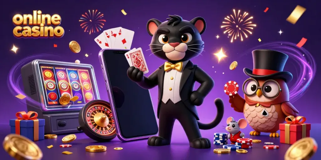 Engaging 3D casino scene illustrating an online casino with a panther dealer, an owl with poker chips, and lucky mouse, surrounded by gaming elements.