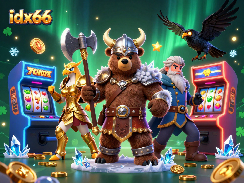 idx66 menampilkan karakter Viking beruang yang gagah berhadapan dengan mesin slot berwarna cerah.