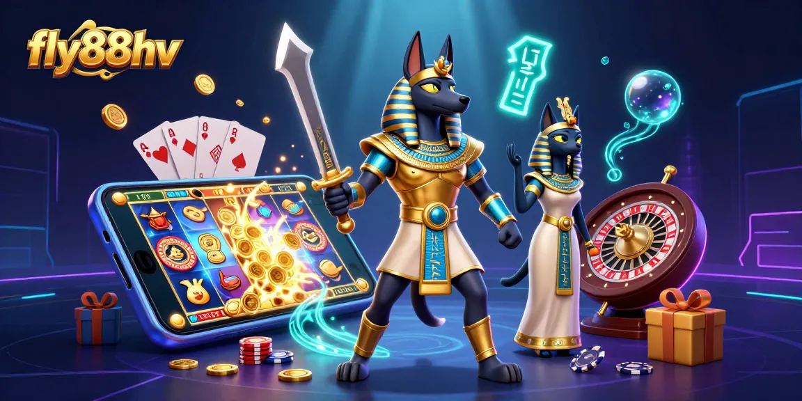 Engage with the exciting fly88hv gaming experience featuring Anubis and Bastet in a vibrant casino scene.