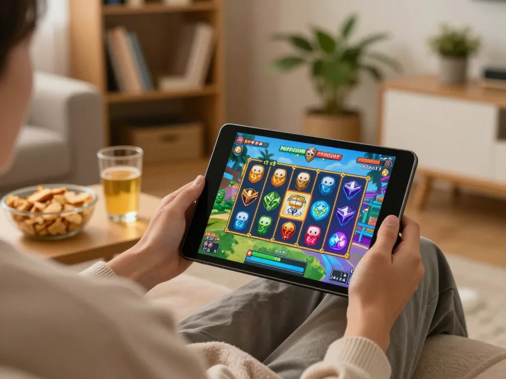 MPO08 user enjoying interactive online gaming experience on a tablet in a cozy home setting