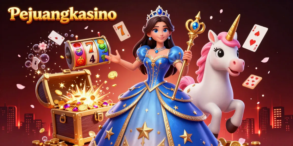 Mainkan permainan menarik di Pejuangkasino dengan suasana yang penuh dengan gulungan slot, koin emas, dan karakter magis.