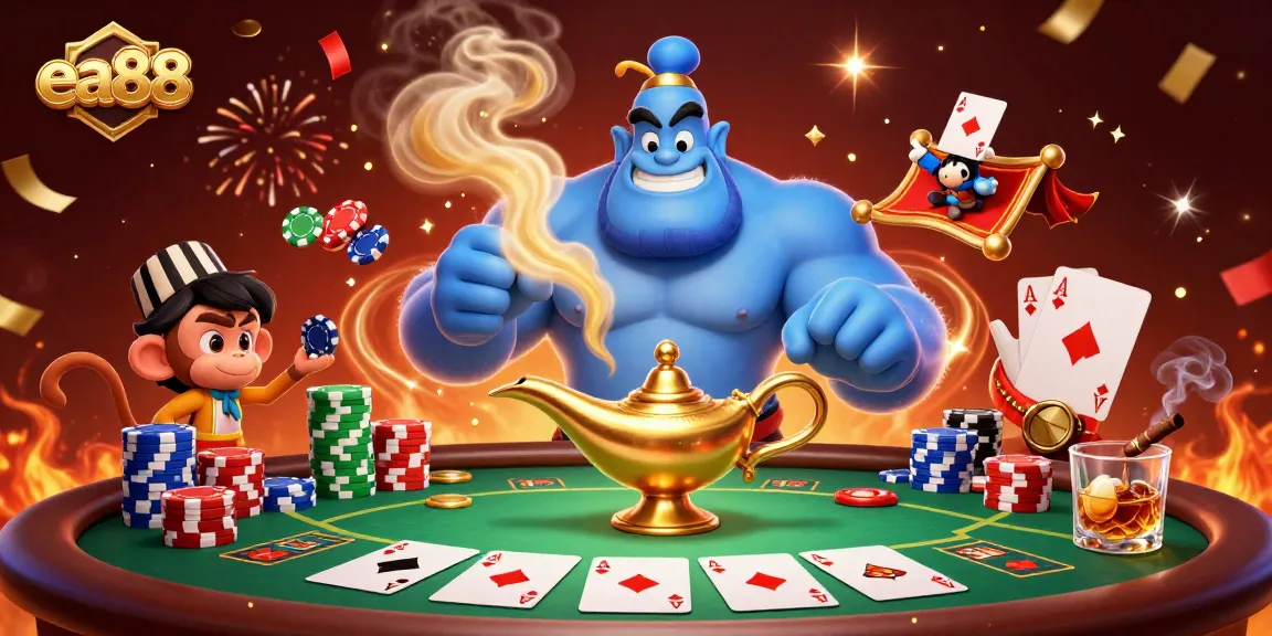 Experience the thrilling ambiance of ea88 poker with a vibrant 3D illustration showcasing iconic casino elements.