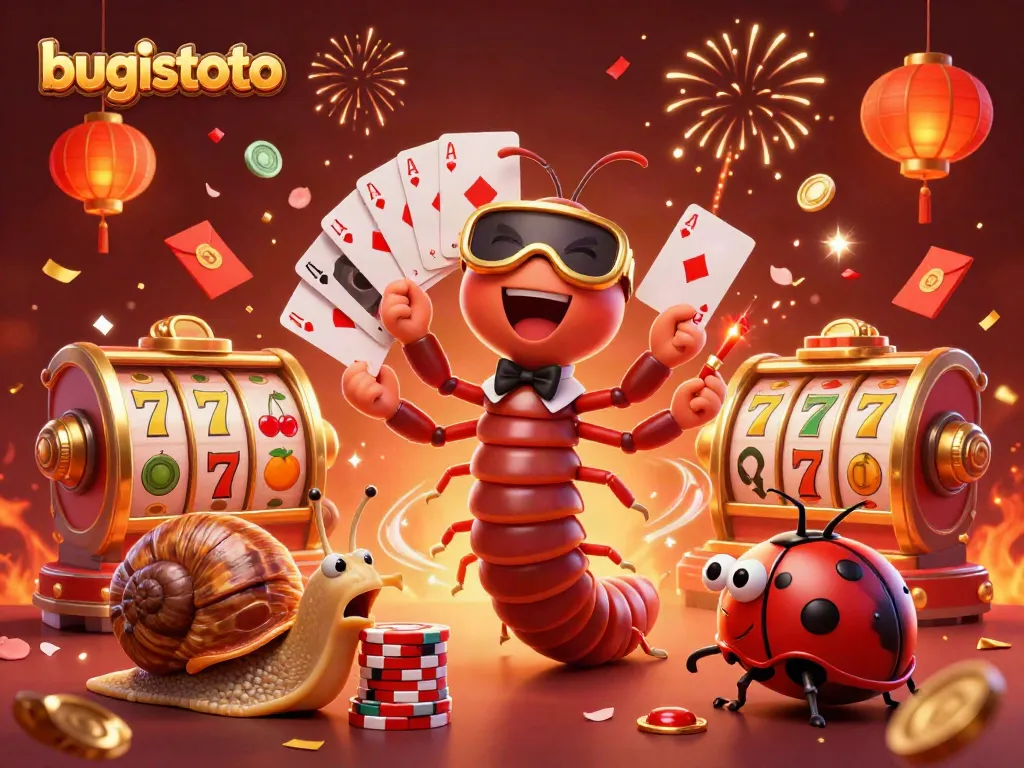 Experience the excitement of bugistoto casino with a vibrant, fun illustration of a millipede dealer, high-rolling snail, and jubilant pill bug surrounded by colorful gaming elements.