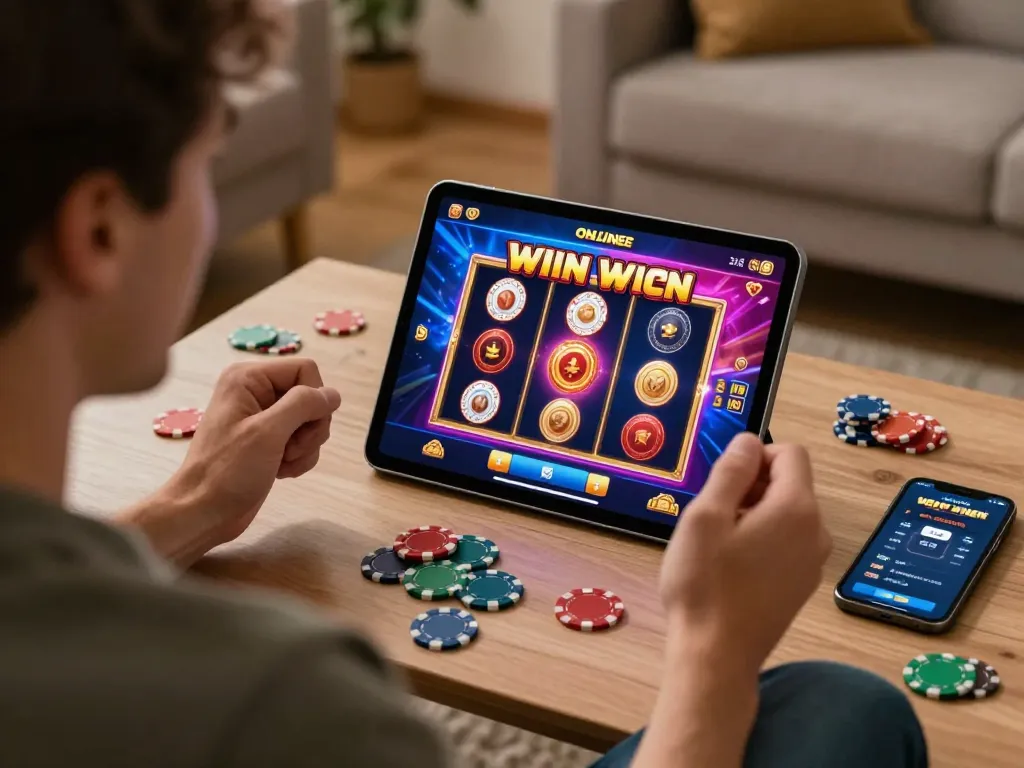 Player celebrating their win on link slot gacor displayed on tablet, cozy home gaming setup.