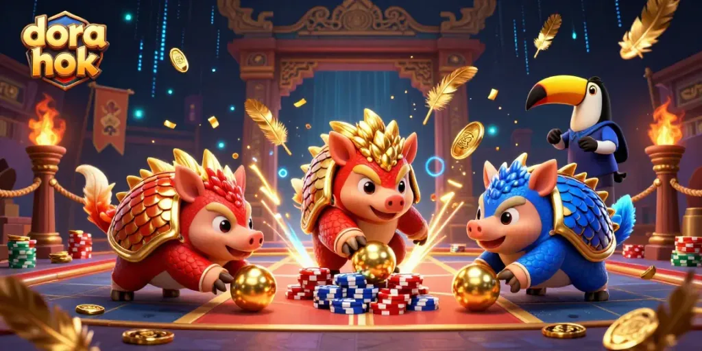 Visualisasikan pertandingan dora hok yang menarik di kasino dengan pangolins bertanding dan banyak koin emas.