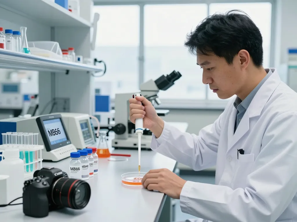 Scientist studying MB66 film technology in a modern lab, focusing on HIV and HSV prevention.