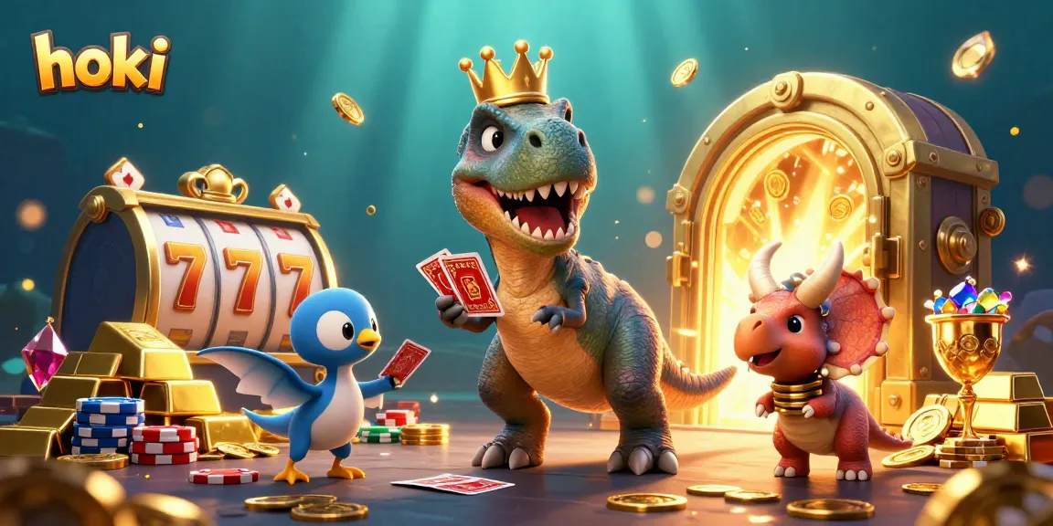 Engage with the hoki experience as a T-Rex plays cards with a dynamic casino backdrop.