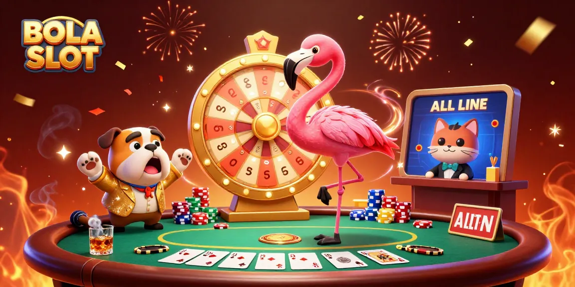BOLA SLOT's exciting 3D scene featuring a flamingo host, bulldog contestant, and scoreboard cat amid vibrant casino elements.