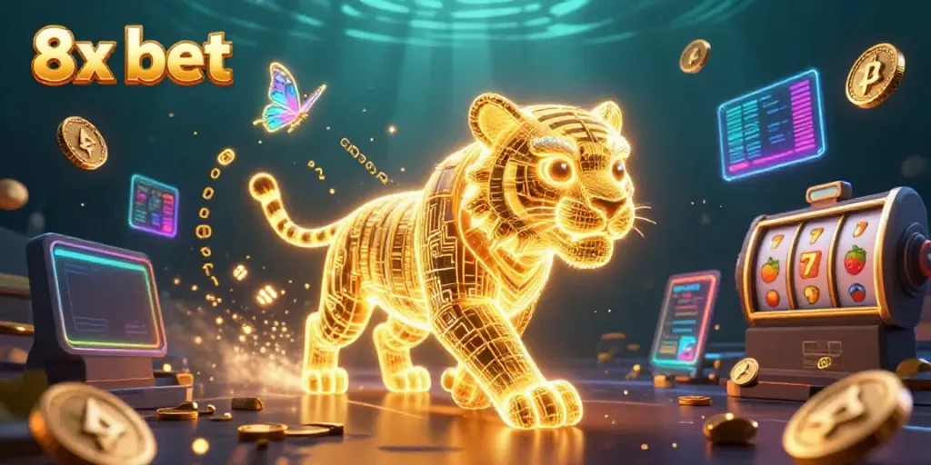 Experience the vibrant energy of 8x bet in a digital casino with neon tigers and crypto elements.