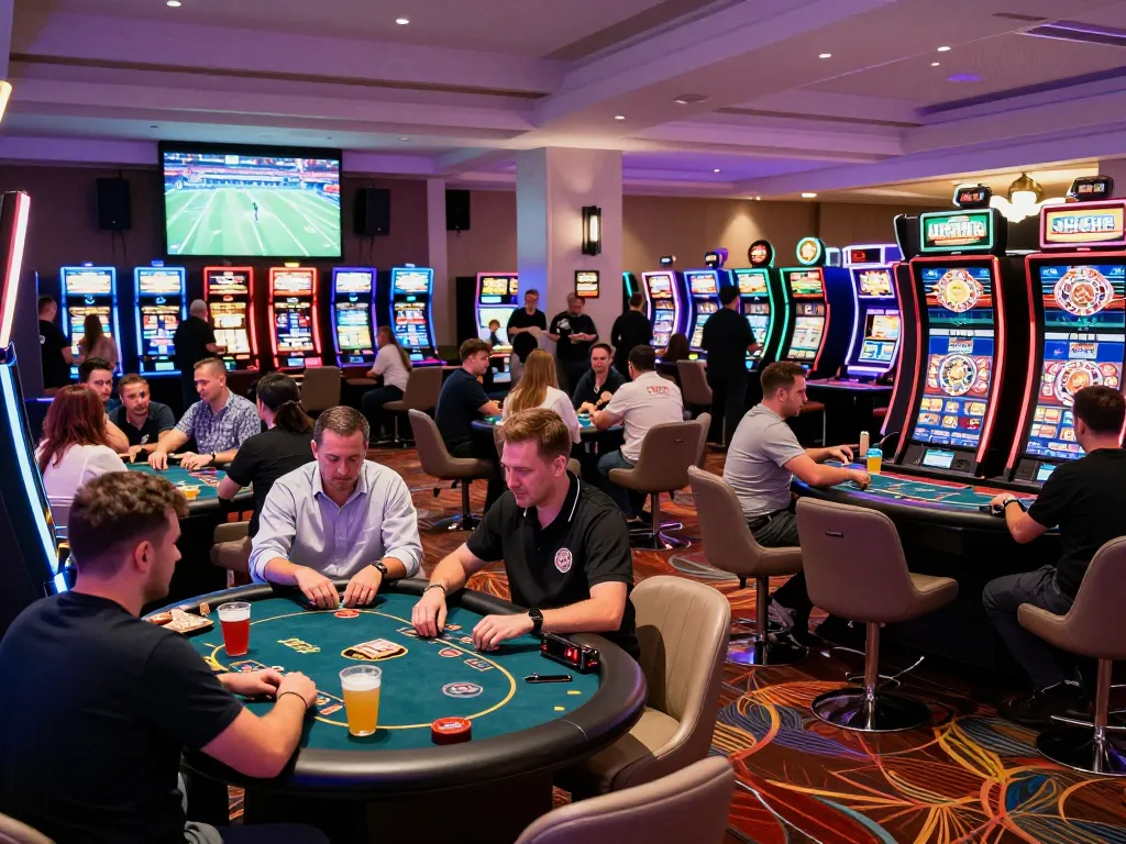 Exciting casino gaming scene at https://f168.today/ with players engaged at tables.