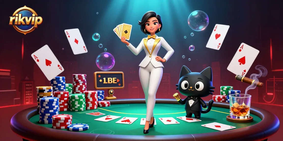Experience thrilling poker action at rikvip with a glamorous dealer and a playful cat in a casino setting.